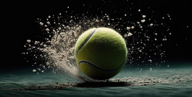 An AI generated illustration of a tennis ball in waterdrops, on a dark background