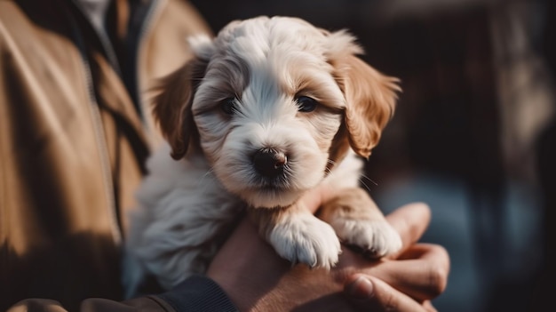 AI generated illustration of a Tibetan Terrier puppy held in a person's hands