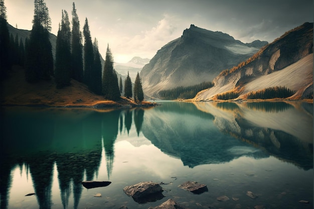 AI generated illustration of a tranquil lake surrounded by mountains and green forests