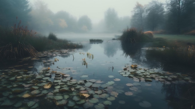 AI generated illustration of tranquil pond blanketed in fog with lush lily pads floating on surface