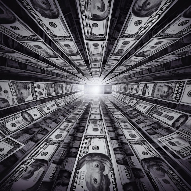 Ai generated illustration tunnel of money dollars towards light