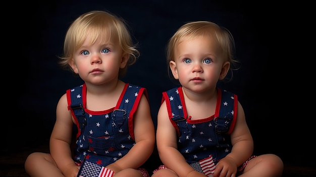 An AI generated illustration of two adorable babies wearing American flag-themed outfits