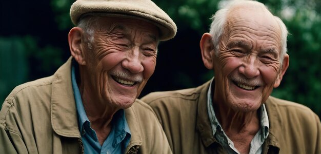 Ai generated illustration two elderly old men are sitting together and laughing happy pensioners