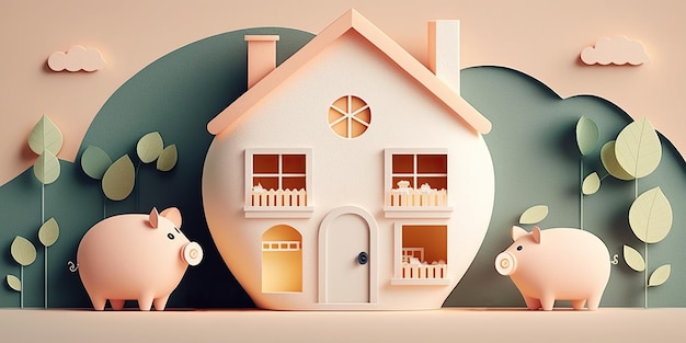 Ai generated Illustration two piggybank and house pastel color