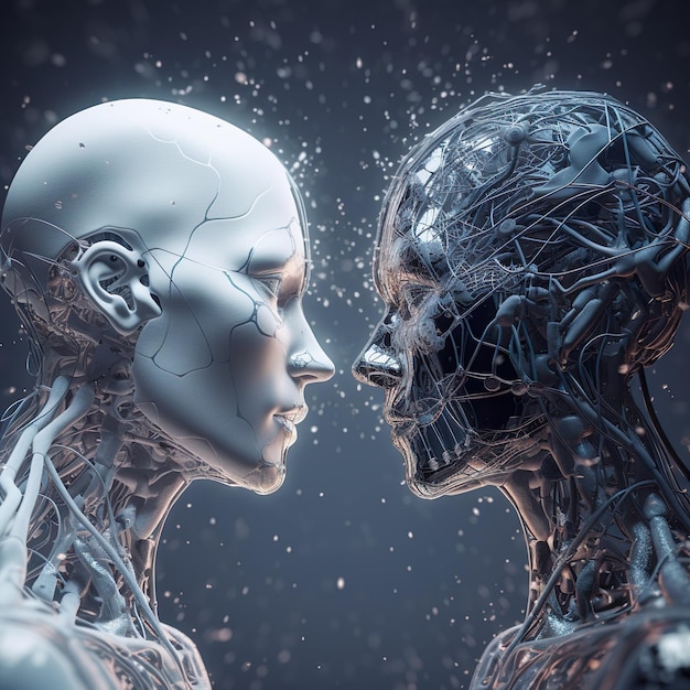 An AI generated illustration of Two robots standing face to face in a futuristic environment