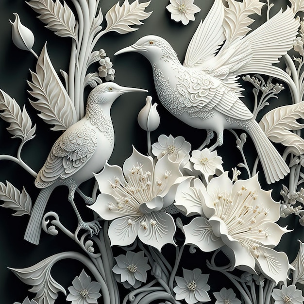 Иллюстрация двух белых птиц, сидящих на украшенной ветви дерева в стиле бумажной резки