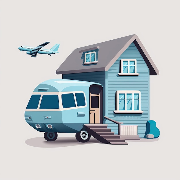 ai generated Illustration unique house decorated with caravan for rent air bnb