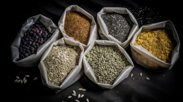 검정색 배경에 표시된 다양한 씨앗과 곡물의 AI 생성 삽화.