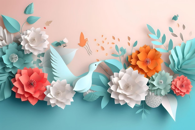 AI が生成した、紙の花と鳥の鮮やかな背景のイラスト。