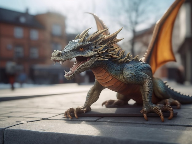 AI generated illustration of a vibrant dragon on a city sidewalk