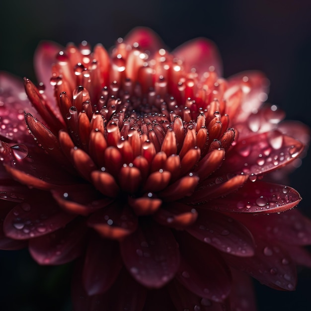 An AI-generated illustration of a vibrant flower with several droplets of water on its petals.