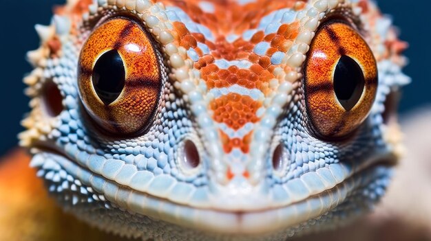 AI generated illustration of a vibrant orange and white gecko perched on a solid surface