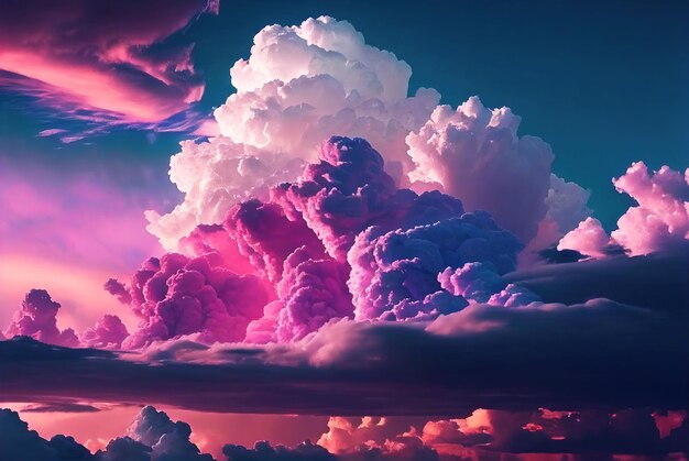 ИИ сгенерировал иллюстрацию яркого розового и голубого неба, освещенного россыпью облаков.