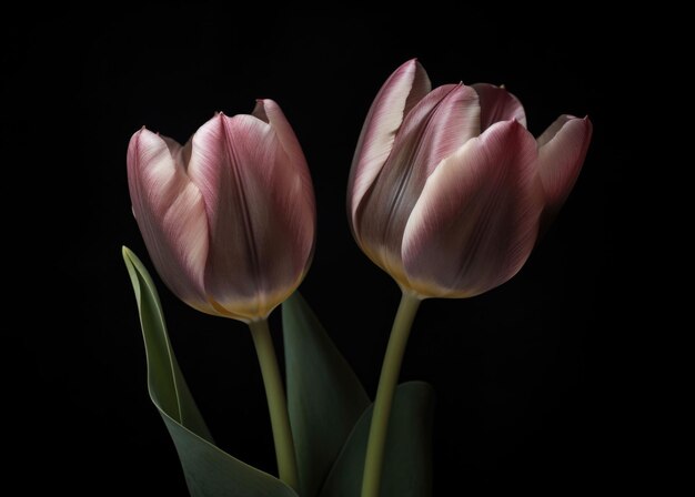 Foto illustrazione generata dall'ai di tulipani rosa vivaci su uno sfondo nero scuro