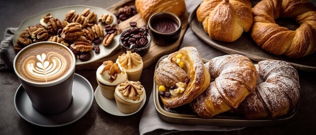 Photo ai generated illustration of a vibrant table featuring freshly baked croissants a cup of coffee