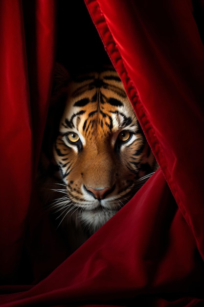 Foto illustrazione generata dall'ai di una tigre vibrante che si affaccia da sotto una copertina di stoffa rosso brillante