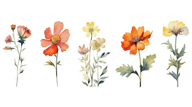 Photo an ai generated illustration of a vibrant, watercolor painting of assorted wildflowers on a white background