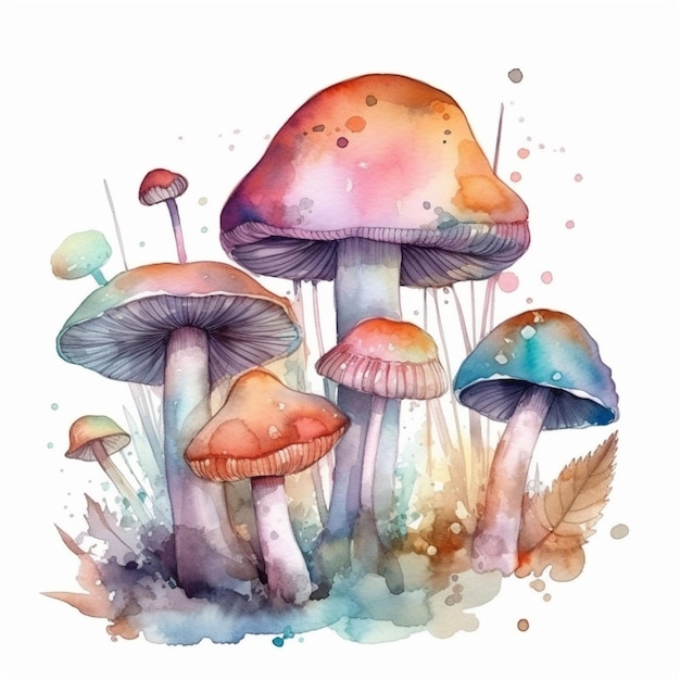 An AI generated illustration of a vibrant watercolor painting of a cluster of colorful mushrooms