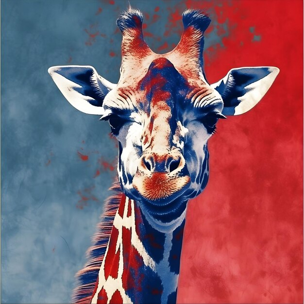 An AI generated illustration of a vibrant watercolor painting of a giraffe in red and blue hues