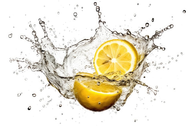 AI generated illustration of vibrant yellow lemons plunging into the water