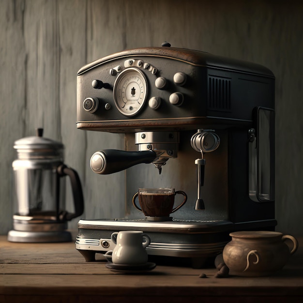 Ai generated Illustration of vintage coffee machine on wood background