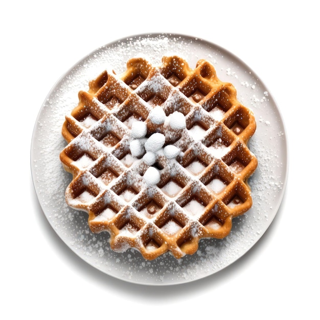 AI generated illustration of waffles served on a white plate with a sprinkling of powdered sugar