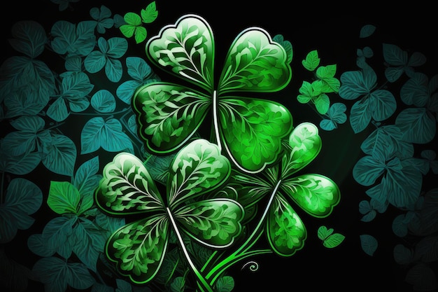 An AI generated illustration of A wallpaper with sparkly green shamrocks clover background, for Saint Patrick's Day.