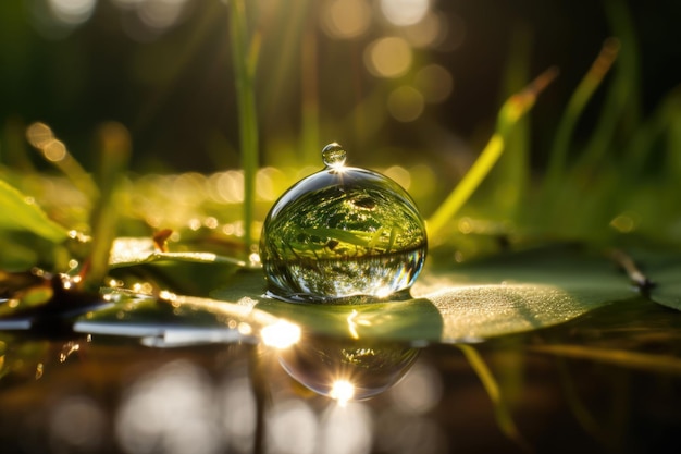 Foto illustrazione generata dall'ai di una goccia d'acqua su una foglia verde illuminata dalla calda luce solare.