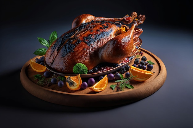 An AI generated illustration of a whole roasted turkey on a platter, garnished with a variety of fruits