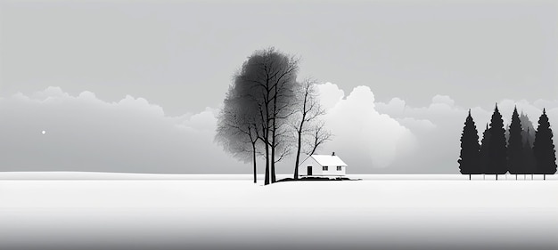 Ai generated illustration a winter tree and cottage in white frozen land