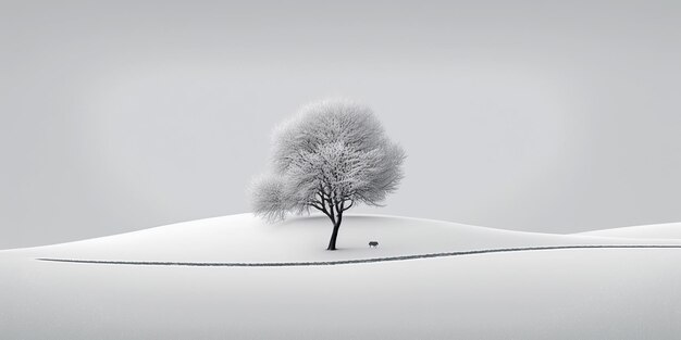 Ai generated illustration a winter tree in white frozen land minimalist landscape with tree