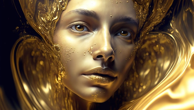 AI generated illustration of a woman's face in gold liquid pool