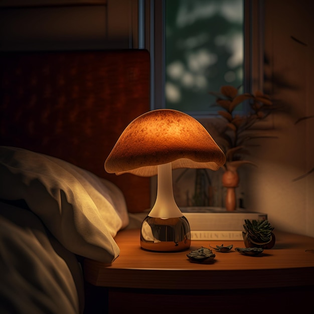 AI generated illustration of a wooden table with a mushroom-shaped lamp in a room