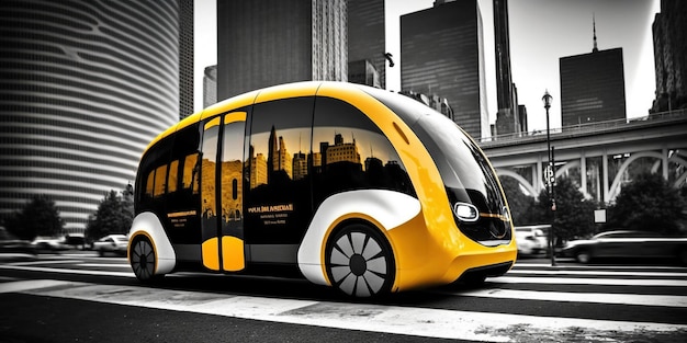 Ai generated illustration of yellow futuristic taxi buses on the road driving in the futuristic city