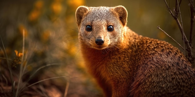 An AI generated illustration of a yellow mongoose looking directly at the camera