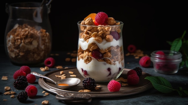 AI generated illustration of a yogurt topped with crunchy granola and fresh berries