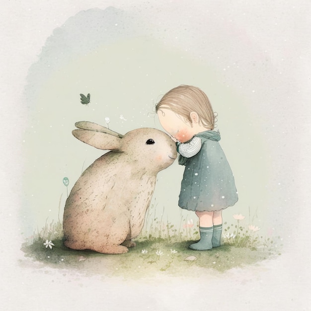 AI generated illustration of a young girl embracing a large bunny in a field