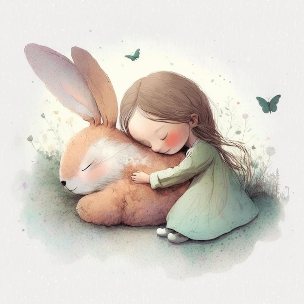 AI generated illustration of a young girl hugging a fluffy brown rabbit, with a smile on her face