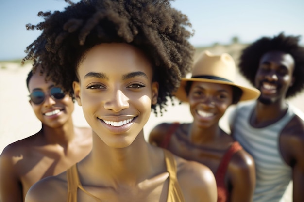 AI generated illustration of young group of friends enjoying a sunny day at the beach