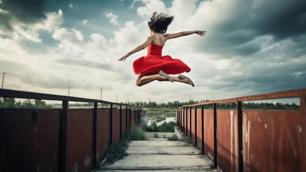 AI generated illustration of A young woman in a bright red dress jumping over the bridge