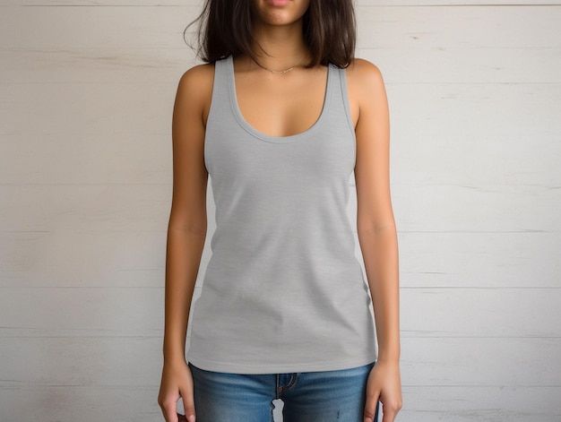 Photo an ai generated illustration of a young woman wearing a simple gray tank top