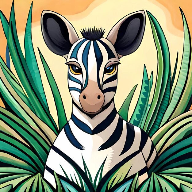 Foto illustrazione generata dall'ai di una zebra che sbircia da dietro un grappolo di foglie verdi