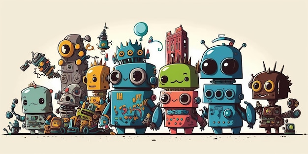 ai generated illustrution charming retro Mini robots on white background