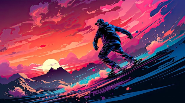 AI generated an ilustration in colorful tones of a skateboarder descending a slope