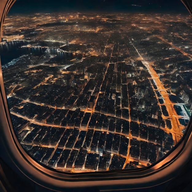 AI generated image of the aeroplane window viewing the beautiful outside aerial landscape