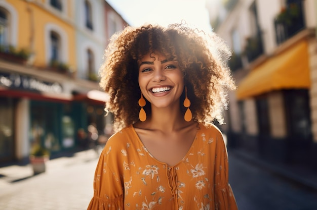 AI generated image of african american young woman in the city High quality photo