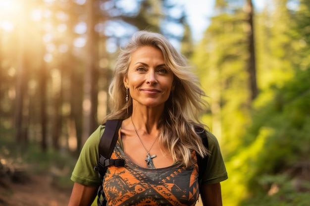 ハイキング中の魅力的な成熟した年配の女性の AI 生成画像 高品質写真