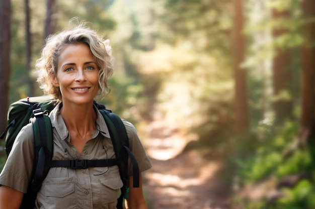 AI generated image of attractive mature senior woman on hiking High quality photo