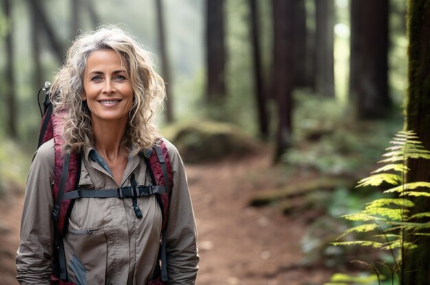 ハイキング中の魅力的な成熟した年配の女性の AI 生成画像 高品質写真