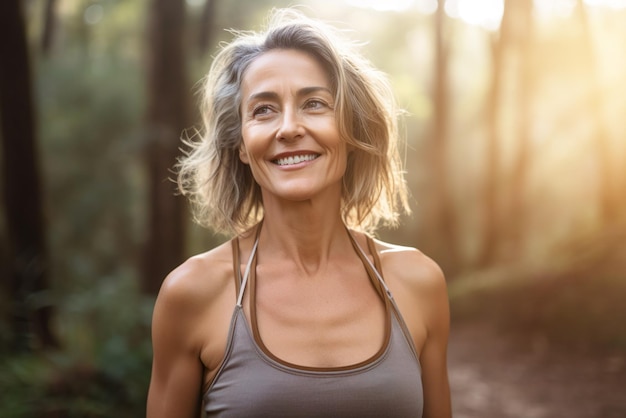 AI generated image of attractive mature senior woman on hiking High quality photo